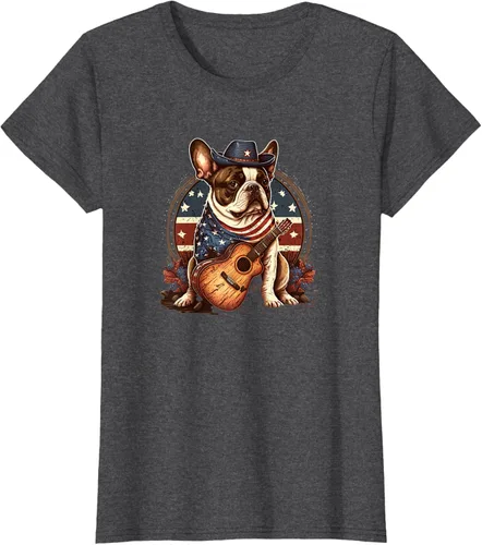 Vista 4 de Camiseta divertida de Bulldog francés con música country y roeo, Negro