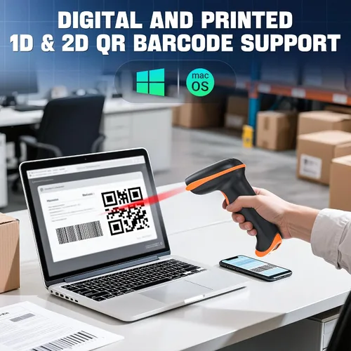 Vista 7 de Tera Escáner de código de barras QR 1D 2D con soporte plegable ajustable y base de carga, montaje en pared 2.4G inalámbrico y USB 2.0 lector