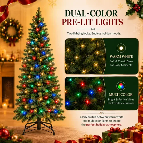 Vista 3 de GarveeLife Árbol de Navidad artificial preiluminado de 6 pies, luces de Verde Clásico - Doble