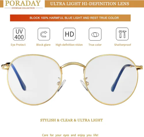 Vista 4 de PORADAY Lentes de bloqueo de luz azul para mujeres y hombres, marco de lentes de metal redondo retro 100% anti-luz azul