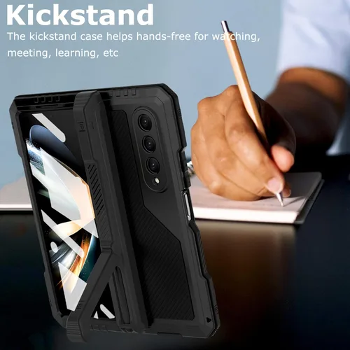 Vista 6 de Funda de metal para Samsung Galaxy Z Fold 4 con soporte para bolígrafo S, funda militar resistente Z Fold4 con protector de pantalla integrado, Negro