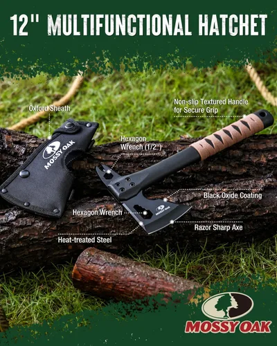 Vista 3 de MOSSY OAK Hacha de camping de 12" y hacha de supervivencia con funda Outdoor Multitool Hatchet w/ Hex Wrench Slots, Non-Slip Dual-Color Handle