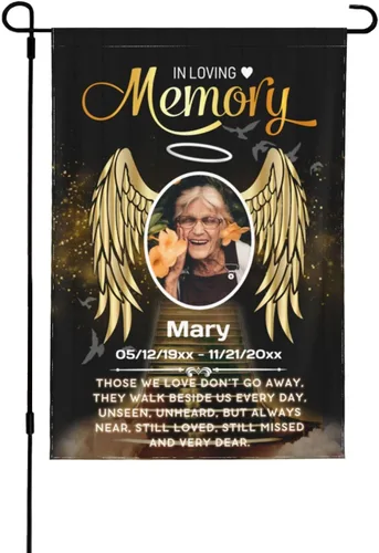 Vista 19 de Bandera de memoria personalizada con nombre de foto, fecha, letrero funerario personalizado, bandera conmemorativa personalizable para jardín
