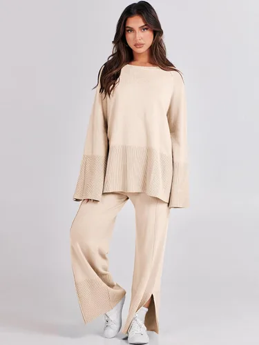 Vista 9 de ANRABESS Conjunto de 2 piezas para mujer, sudadera de punto de gran tamaño y pantalones de pierna ancha con cordón