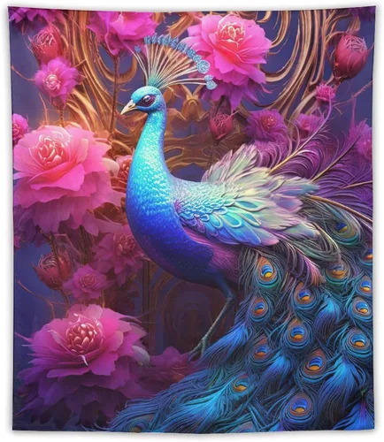 Vista 9 de JHION Tapiz de pavo real, hermoso tapiz de pájaro para colgar en la pared, tapices estéticos psicodélicos, arte de pared, decoración del hogar