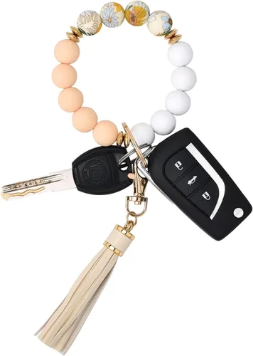 Vista 29 de BAOSIWA Pulsera de cuentas de silicona, llavero de pulsera, cadena para mujer, con borla de cuero Negro