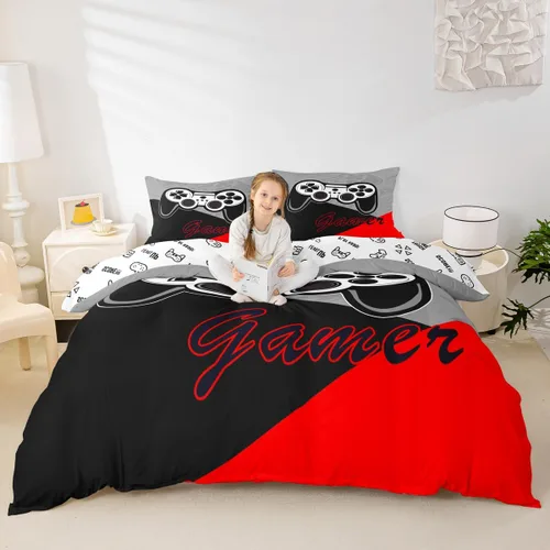 Vista 14 de Juego de funda de edredón con diseño de videojuegos para niños, tamaño individual, negro y azul a cuadros, juego de ropa de cama moderna