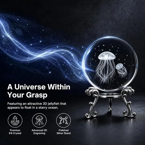 Vista 3 de Juego de 2 bolas de cristal y 2 soportes plateados - 1 bola transparente y 1 medusa grabada en 3D con bola de estrella, bola decorativa, esfera