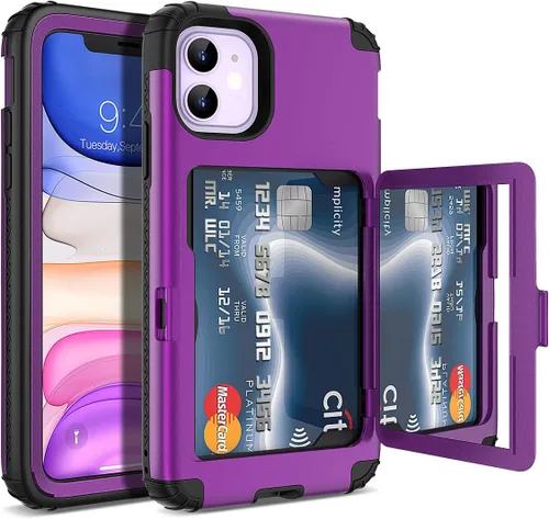 Vista 12 de WeLoveCase para iPhone 11 Estuche tipo billetera Defender con portatarjetas, cubierta con espejo oculto, tres capas, a prueba de golpes, protección