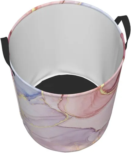Vista 3 de Papelera de almacenamiento circular Protable con estampado de mármol púrpura y dorado, cesta para ropa sucia con asas ropa de dormitorio