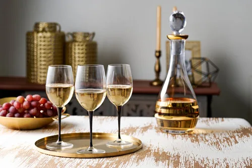 Vista 6 de Decantador de vino de cristal con tapón - jarra - para rojo - blanco - vino - diseño dorado a rayas - cristal de 48 onzas - Hecho en Europa - por