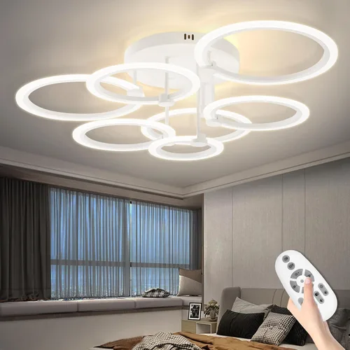 Vista 11 de Lámpara de techo LED, lámpara de techo moderna de 6 anillos, 77 W regulable 3000K a 6500K, luz de techo blanca con control remoto para sala