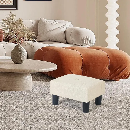 Vista 4 de Adeco Reposapiés otomano tapizado de lino de 15.4 pulgadas, pequeño taburete acolchado y asiento decorativo con patas de aspecto de madera, taburete
