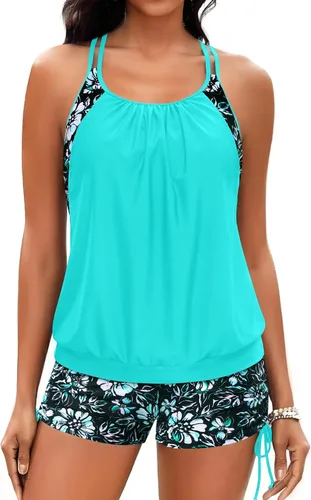 Vista 5 de Holipick Trajes de baño tankini de dos piezas con control abdominal, top de baño tipo blusa con shorts estilo boy shorts Verde Aqua