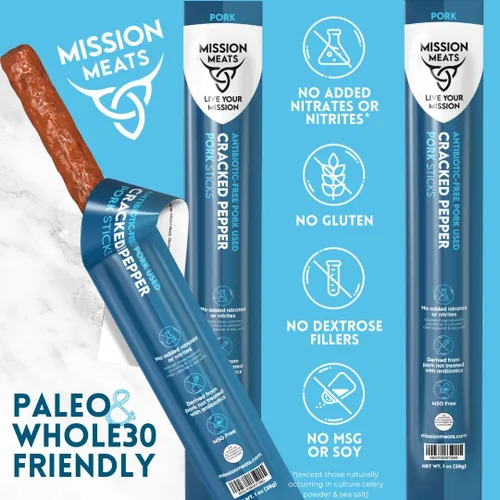 Vista 4 de Mission Meats - Palitos de cerdo de pimienta agrietada sin antibióticos sin azúcar, bocadillos keto enteros 30 sin nitratos sin nitritos, bocadillos