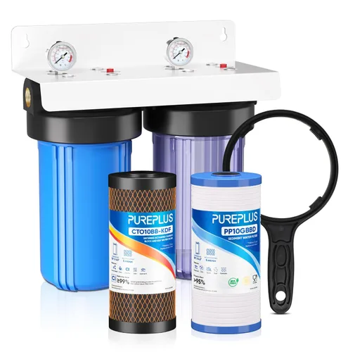 Vista 12 de PUREPLUS Sistema de filtración de agua de 2 etapas para toda la casa, reduce los metales pesados, el cloro y el olor, carcasas de 10 x 4.5 pulgadas