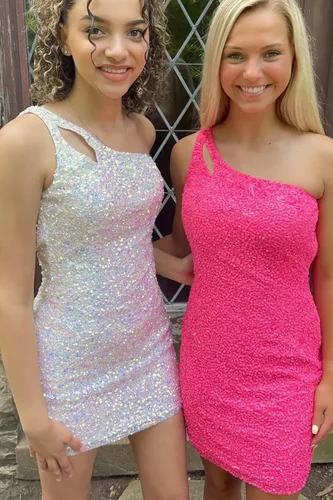 Vista 4 de SEIM Sexy vestido corto de regreso a casa de un hombro para adolescentes, lentejuelas brillantes con purpurina, mini vestido de cóctel de graduación