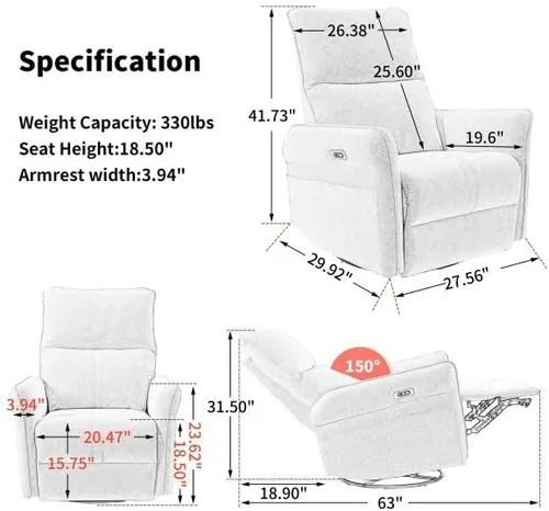 Vista 2 de Silla reclinable eléctrica giratoria con puertos USB, piel sintética para dormitorio (gris claro)
