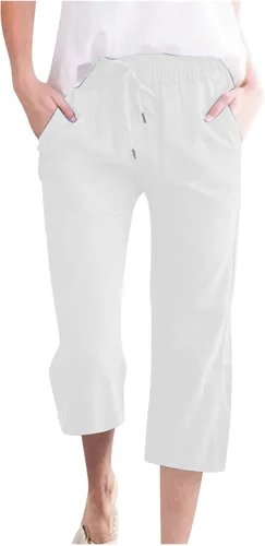Vista 20 de Ceboyel Pantalones capri para mujer para verano, cintura elástica, pantalones de yoga, con cordón, pantalones de lino, pantalones de entrenamiento