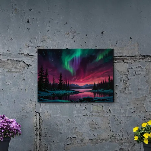 Vista 3 de Aurora Borealis, Northern Lights Art, framed canvas print, snow capped mountain landscape art, synthwave vaporwave, Art Decor, Wall