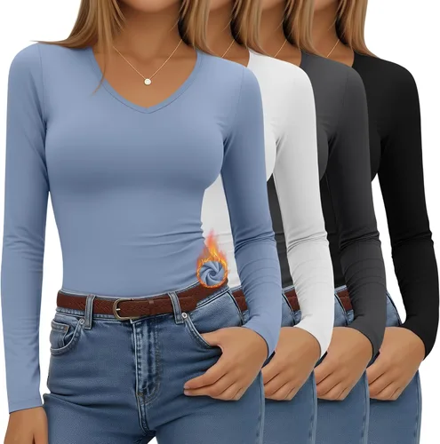 Vista 13 de Paquete de 4 camisas térmicas de manga larga para mujer, con forro polar, cuello en V, ropa interior ajustada, capa base, básica, tops cálidos