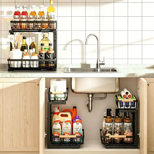 Vista 8 de REALINN Organizador para debajo del fregadero, almacenamiento de armario extraíble de 2 niveles de altura ajustable, organizador de cajones