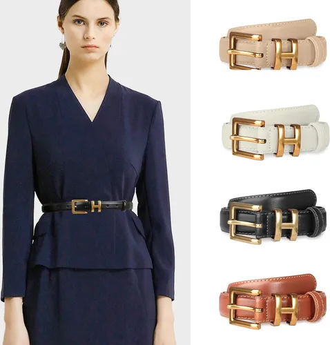 Vista 65 de Cinturón de cuero clásico con hebilla de metal para mujer con vestido de jeans