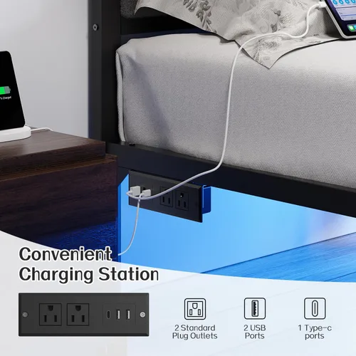 Vista 5 de OLEVS Base de cama individual con cabecero, plataforma de metal, tamaño individual, con estación de carga USB y luces LED, no necesita somier