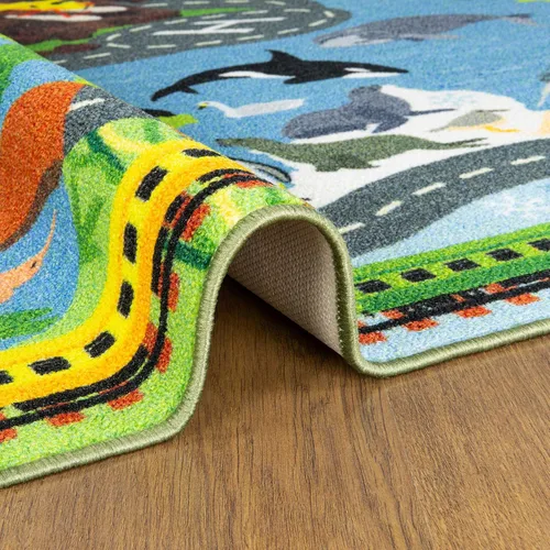 Vista 7 de KC Cubs 8x10 Alfombra de Carretera con Animales Safari para Coches de Juguete – Alfombra de Juego Educativa para Niños, Pequeños, Guardería, Aula