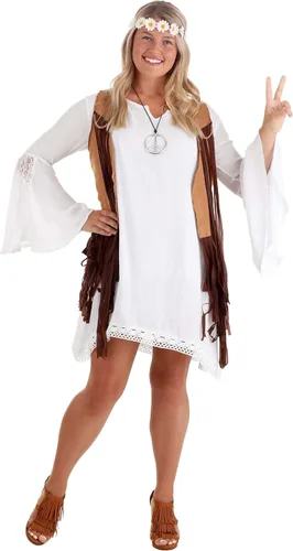 Vista 3 de Disfraz hippie de los años 60 para mujer, Marrón, blanco
