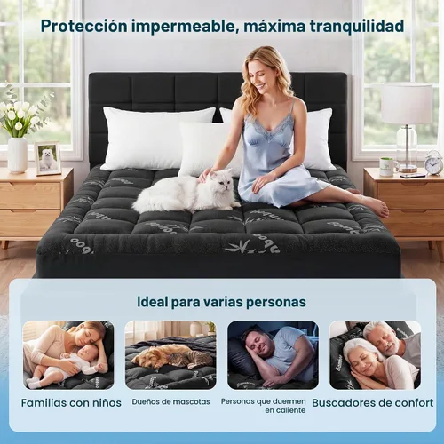 Vista 6 de Cubrecolchón impermeable tamaño individual de viscosa derivada del bambú, protector de colchón extra grueso para dolor de espalda, cubrecolchón Gris