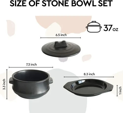 Vista 2 de Tazón de piedra coreana prémium con tapa y bandeja, olla caliente Dolsot de 37 onzas para bibimbap y sopa, utensilios de cocina de cerámica