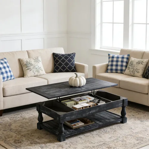 Vista 9 de Henf Mesa auxiliar elevable con almacenamiento, mesas de centro de madera maciza de 47.24 pulgadas con parte superior elevable, 3 bandejas