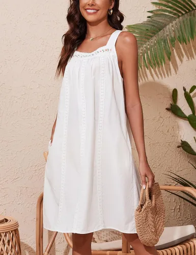 Vista 5 de YOZLY - Camisones de algodón sin mangas para mujer, camisón de tanque de noche con bolsillos A-Solid Blanco