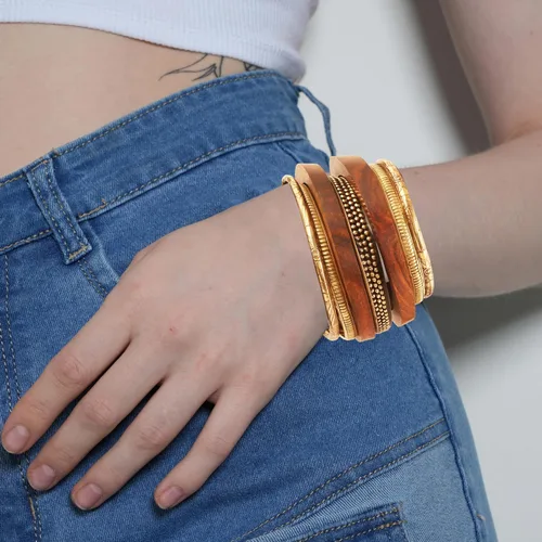 Vista 2 de Touchstone Indian Bollywood Hand Cut Natural Wood Pretty Assorted Patterns Brass Designer Jewelry Bangle Bracelets In Gold Tone For Women.