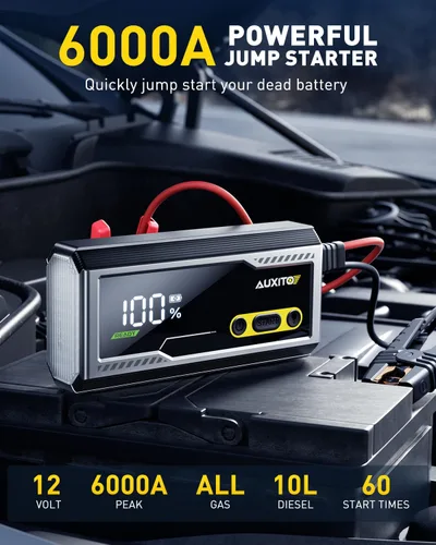 Vista 2 de AUXITO Arrancador de 6000A, arrancador de batería de coche de 12V, hasta todos los motores de gasolina y diésel de 12L con pantalla LED, caja