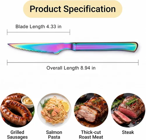 Vista 4 de Paquete de 6 cuchillos de carne de acero inoxidable arcoíris, iridiscentes dentados afilados para mesa de cocina