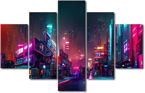Vista 25 de Póster de 5 paneles en lienzo para decoración de pared, diseño de centro urbano Cyberpunk, impresión moderna, decoración de pared para el hogar