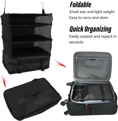 Vista 8 de Bolsa de viaje colgante, organizador de armario portátil, espacio grande, 3 capas de malla, 1 bolsillo con cremallera, tela de lona plegable