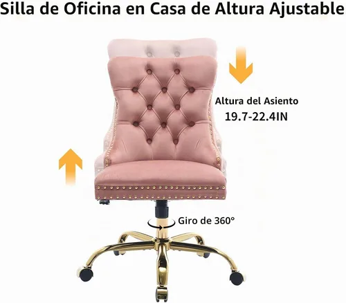 Vista 7 de Silla de escritorio de oficina en casa de terciopelo rosa con ruedas y base dorada, cómoda silla de tocador para maquillaje con respaldo copetado