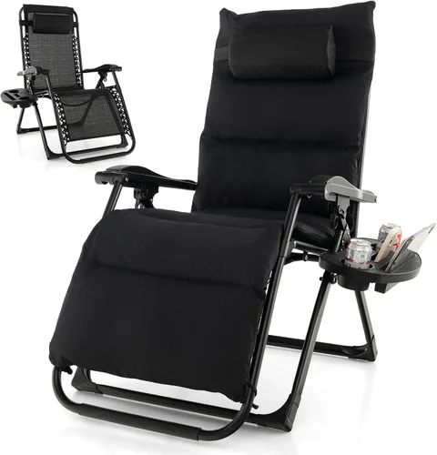 Vista 12 de Giantex Silla Zero Gravity con cojines de patio, silla reclinable plegable ajustable con almohada y soporte para tazas, sillón reclinable de césped