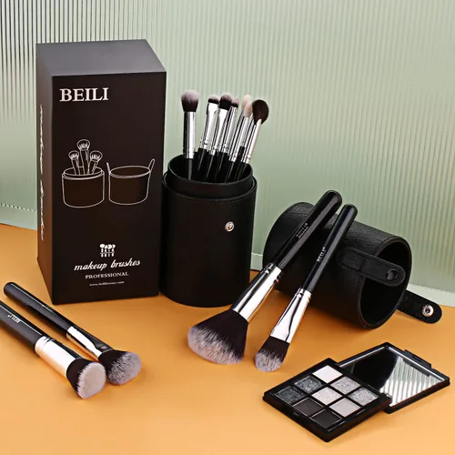 Vista 6 de BEILI Juego de 12 brochas de maquillaje con soporte para base Kabuki sintética de primera calidad, brocha para base de maquillaje, corrector