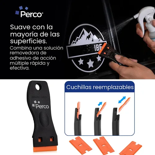 Vista 4 de Perco Removedor de Adhesivo Quitapegamento - ¡Nueva Fórmula Más Fuerte! - 3.3 oz con Raspador y Navaja de Plástico Spray Removedor de Pegamento