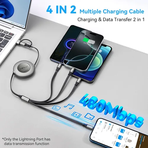 Vista 2 de Cable de Carga Retráctil 4 en 1 de 4A, Paquete de 2 Cargadores Múltiples de 4 Pies para Todos los Dispositivos, Cable de Carga USBC con A/C a Tipo