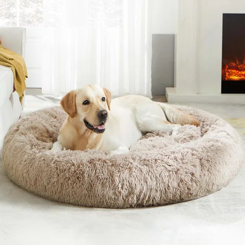 Vista 32 de Cama calmante para perros y gatos, cama antiansiedad, de felpa, con forma de dona, redonda, acolchada, de piel sintética, suave y esponjosa