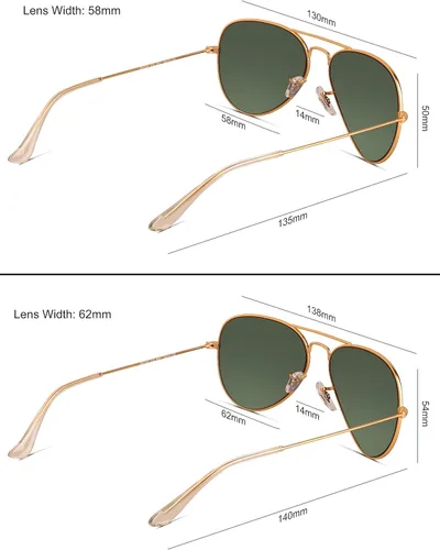Vista 7 de Berikin Gafas de sol clásicas estilo aviador para hombres y mujeres, 100% protección UV400, 2.441in, lentes de cristal verde, marco de metal dorado