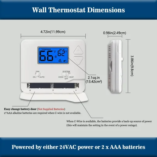 Vista 4 de Termostato no programable para sistemas domésticos de una sola etapa, 1 calor/1 fresco, fácil de instalar, retroiluminación azul