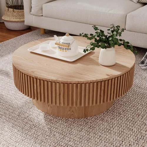 Vista 16 de Mesa de centro redonda acanalada de 31.49 pulgadas para sala de estar, mesa de café moderna de mediados de siglo con pedestal resistente, mesa