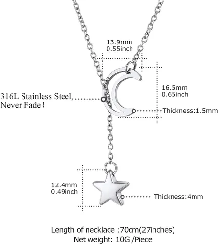 Vista 6 de FOCALOOK Lariat Y-Necklaces Long Necklaces for Women Gold Necklaces for Women Drop Moon Star Necklaces for Women Stainless Steel Jewelry Front