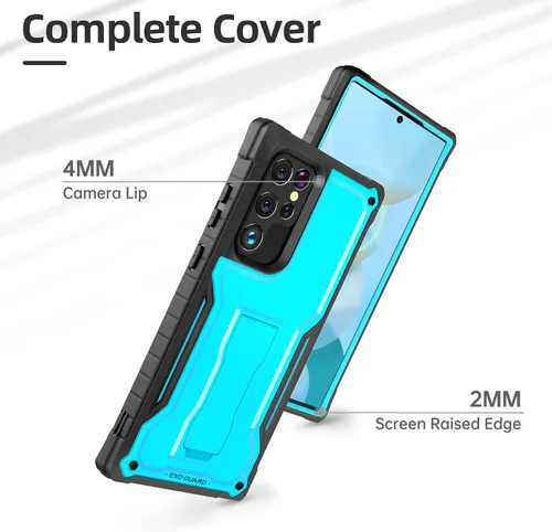Vista 3 de ExoGuard Funda para Samsung Galaxy S22 Ultra, funda de goma resistente a prueba de golpes con soporte incorporado (azul)